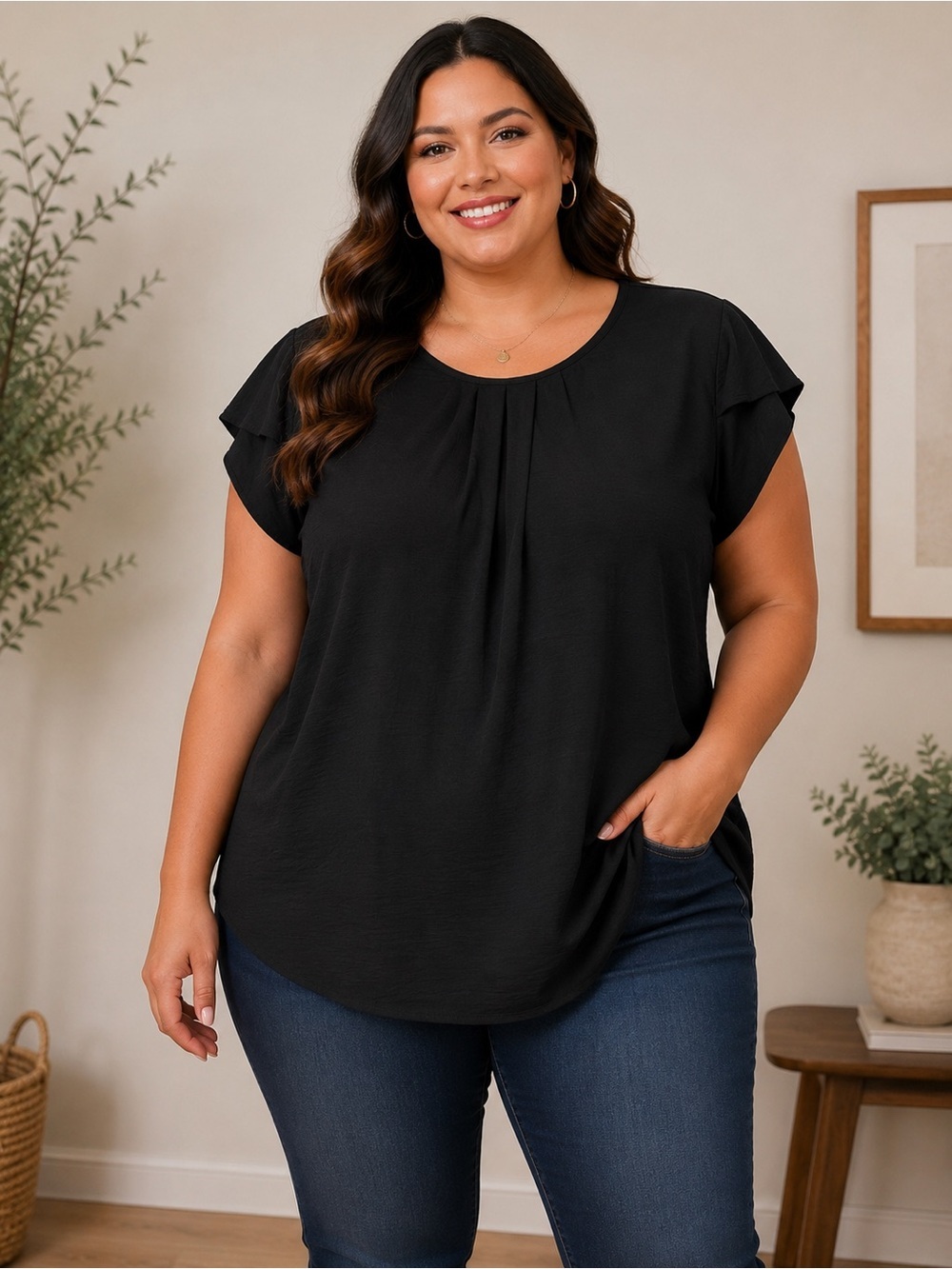 You & Me Women’s Chloe Black Flowy Flutter Sleeve Blouse. Size: 2XL